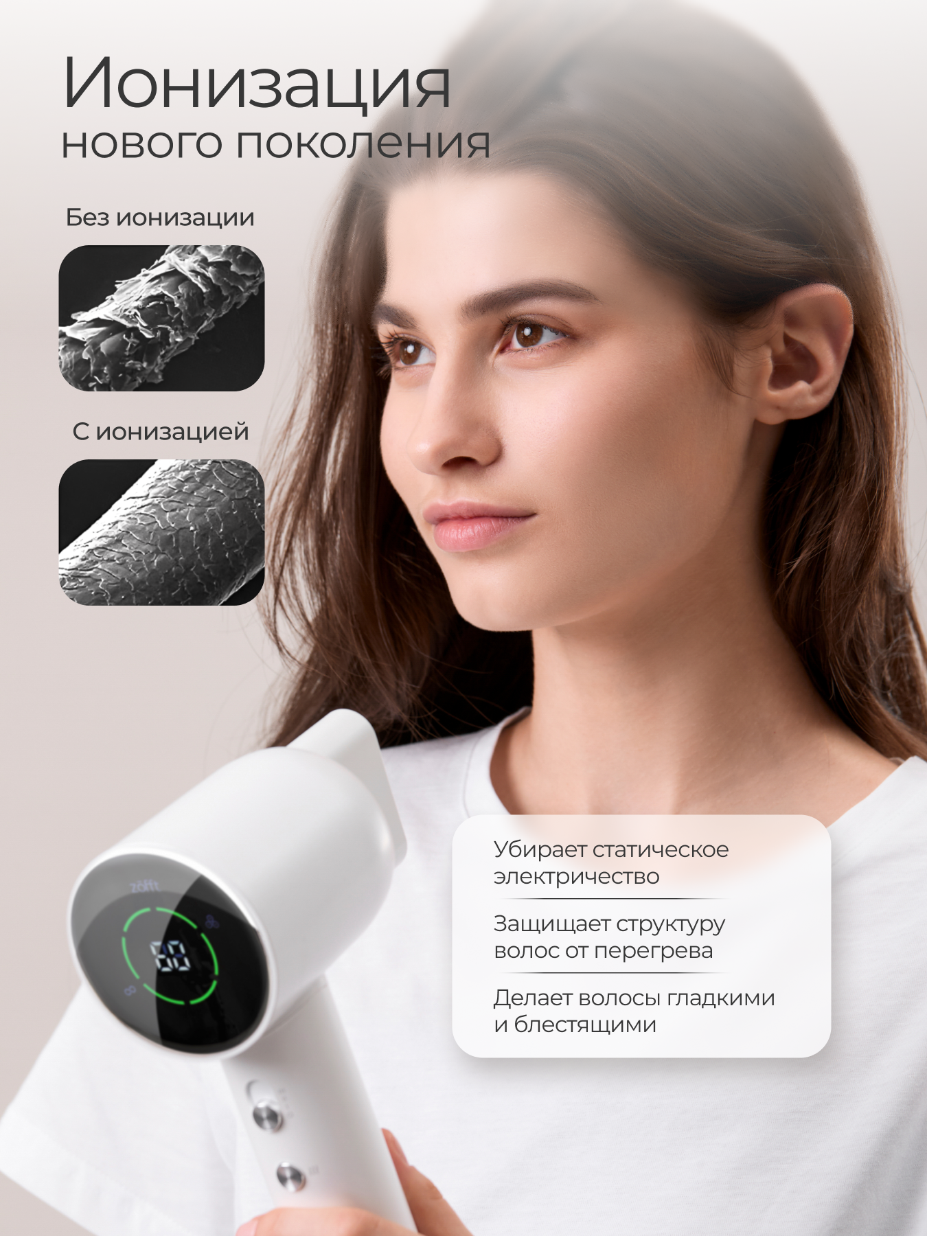 Профессиональный фен Zofft Air Gloss Pro HD-102W 1500Вт с дисплеем, насадкой-концентратором — фото 1
