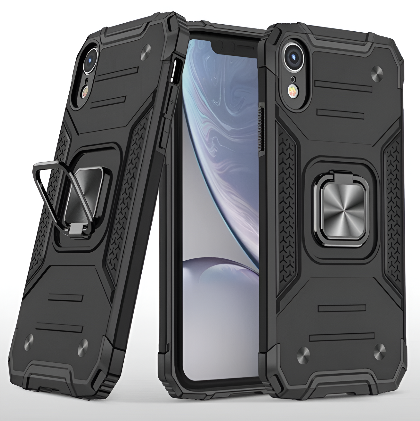 Противоударный чехол для iPhone XR черный с пластиной для магнитного автодержателя и кольцом подставкой