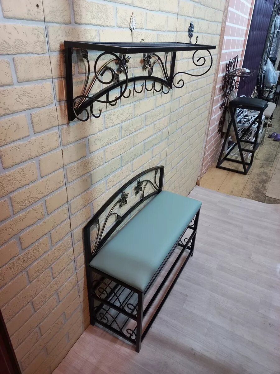 Кованая прихожая, вешалка + банкетка, Студия кованой мебели Нива, цвет голубой — фото 1