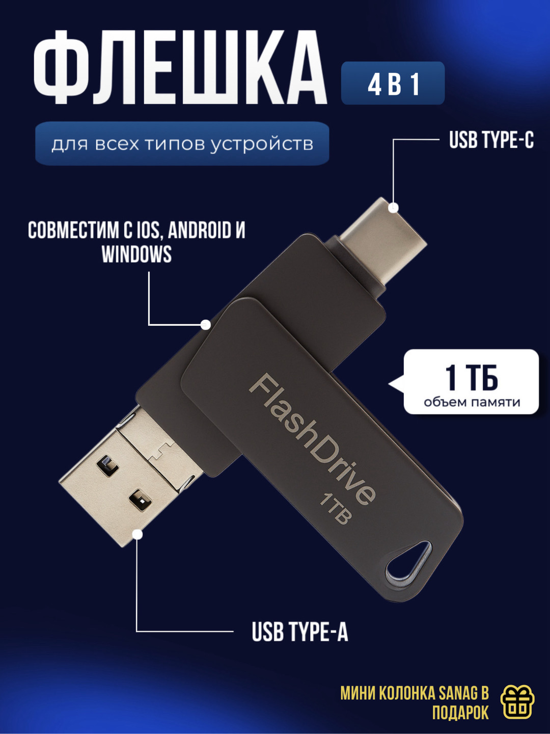 Флешка i-FlashDevice "HD", 4 в 1, 1TB, для iPhone/Android/Type-C/Micro-USB