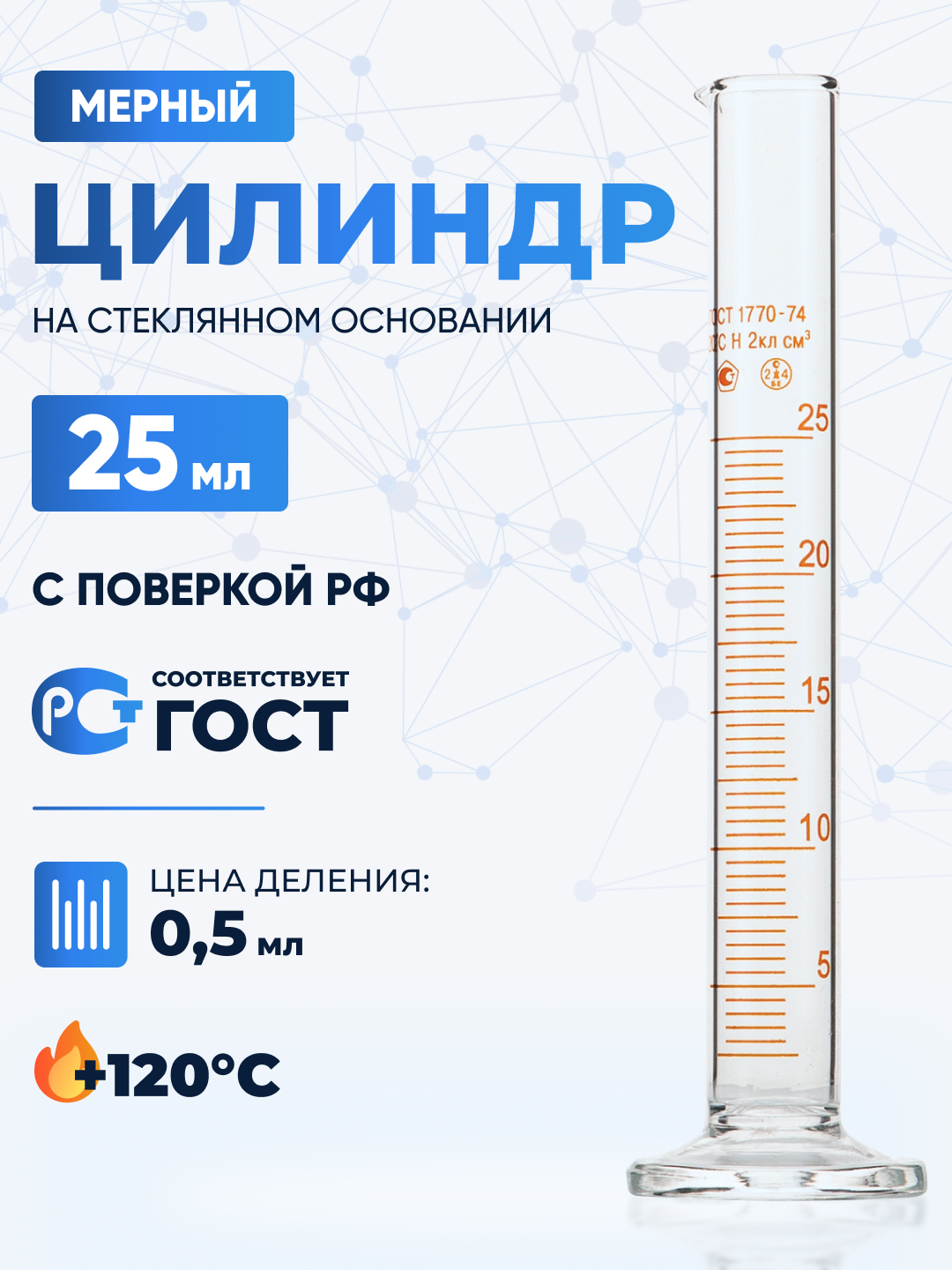 Цилиндр лабораторный 25 мл (мерный: исполнение 1 - на стеклянном основании) 1-25-2