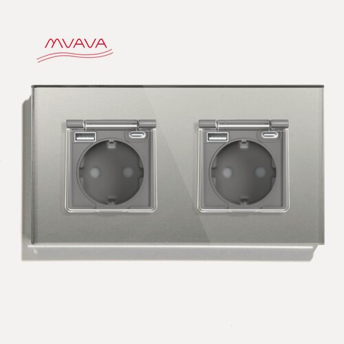 Изображение товара Розетка c крышкой, Usb/Type-C 2 пост 16А рамка 157х86мм стекло, цвет серый
