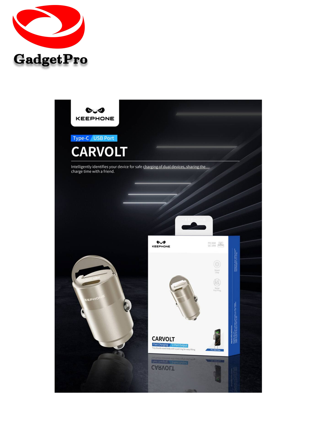 Автомобильное зарядное устройство KEEPHONE CarVolt PD 36W Type-C/Type-C, быстрая зарядка для Apple/Android, черный цвет