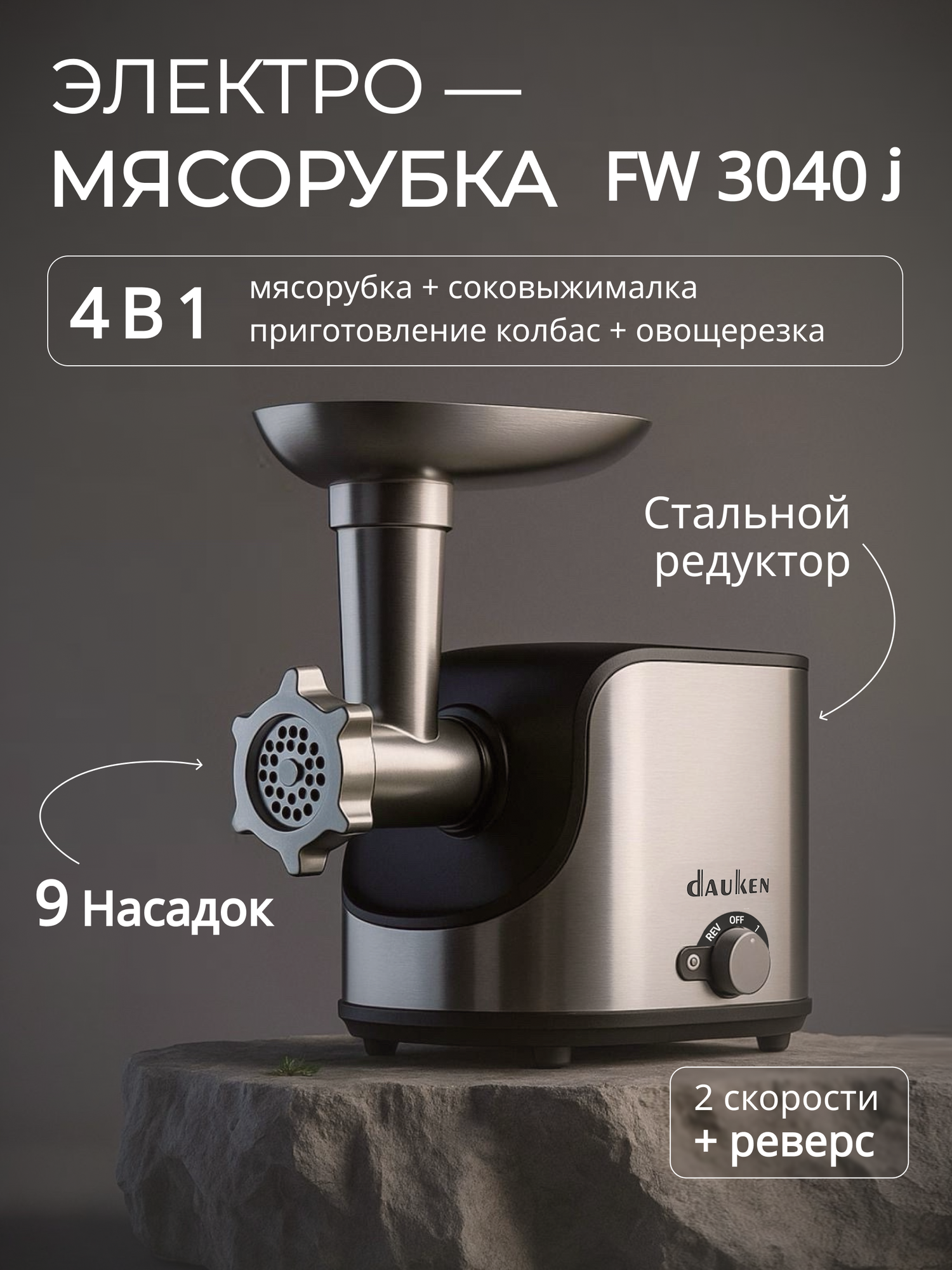 Мясорубка Dauken FW3040J электрическая с насадками овощерезками и соковыжималкой