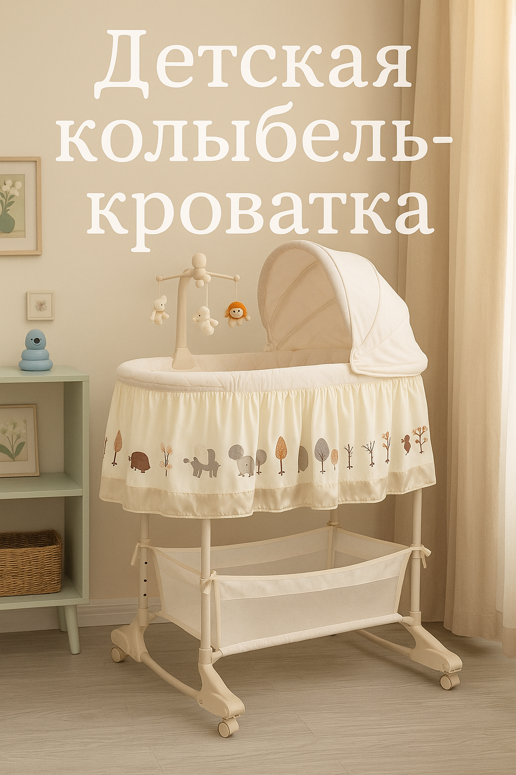 Детская колыбель-кроватка 2 в 1 с музыкальным мобилем и регулируемой высотой