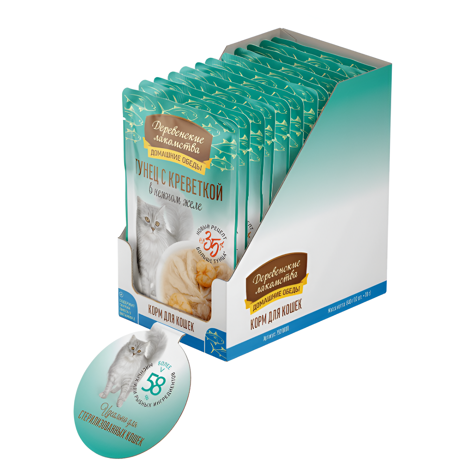 Деревенские лакомства Домашние обеды консервы для кошек тунец с креветкой в нежном желе пауч 70 г х 12 шт