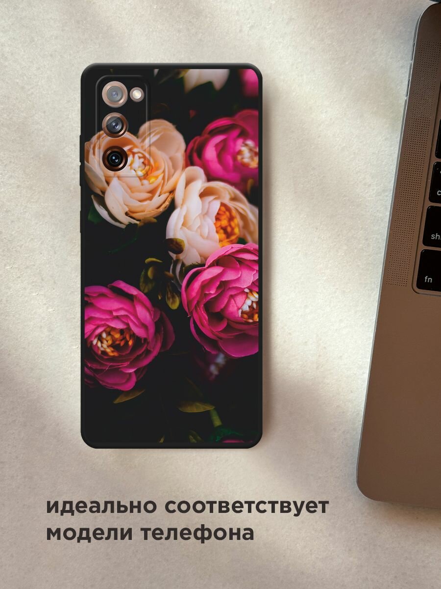 Черный матовый чехол на Samsung Galaxy S20 FE / Самсунг Галакси S20 FE с принтом "Розовые пионы на черном" — фото 1