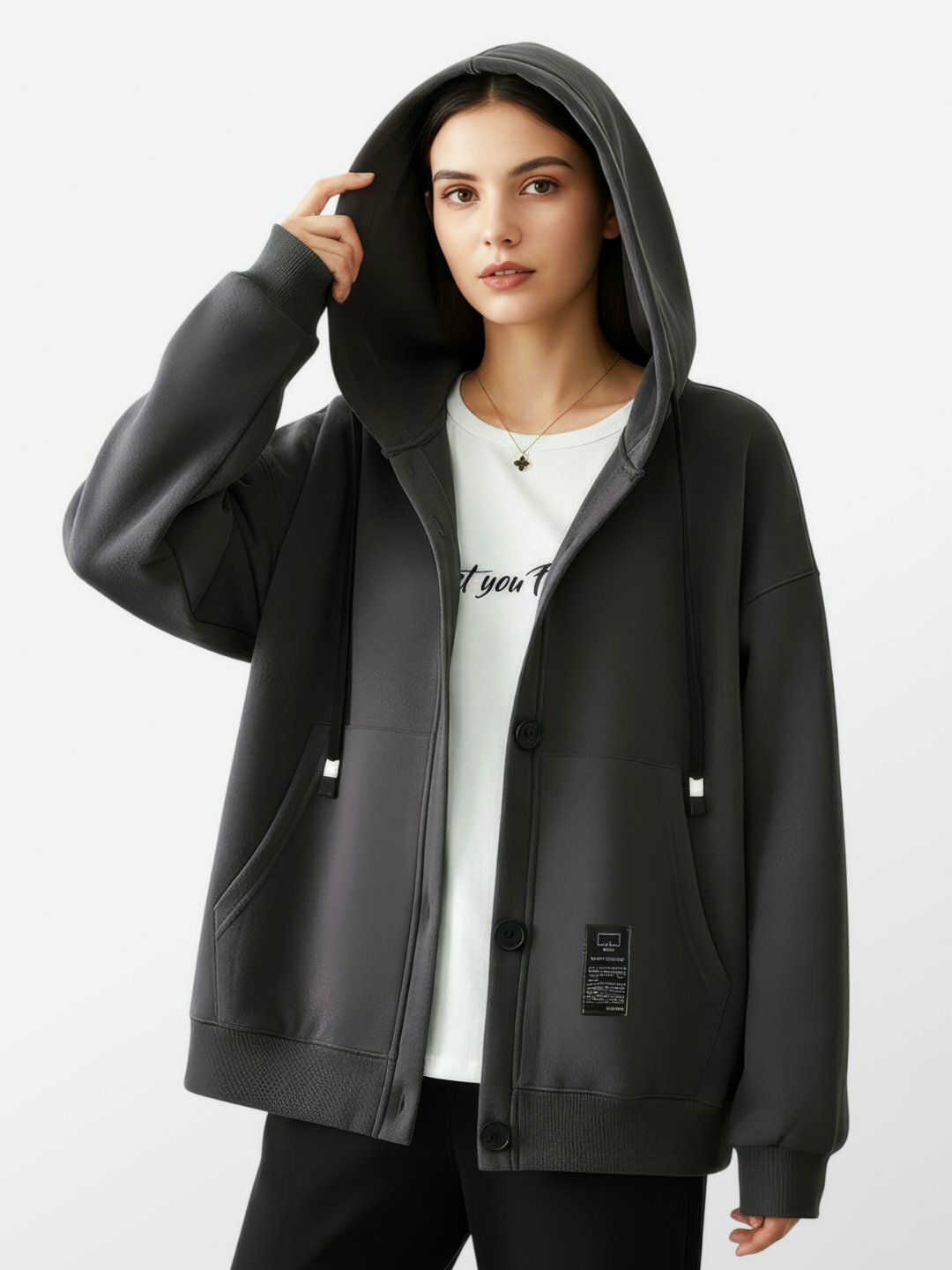 Худи  Толстовка женская легкая, худи с капюшоном на пуговицах, базовая