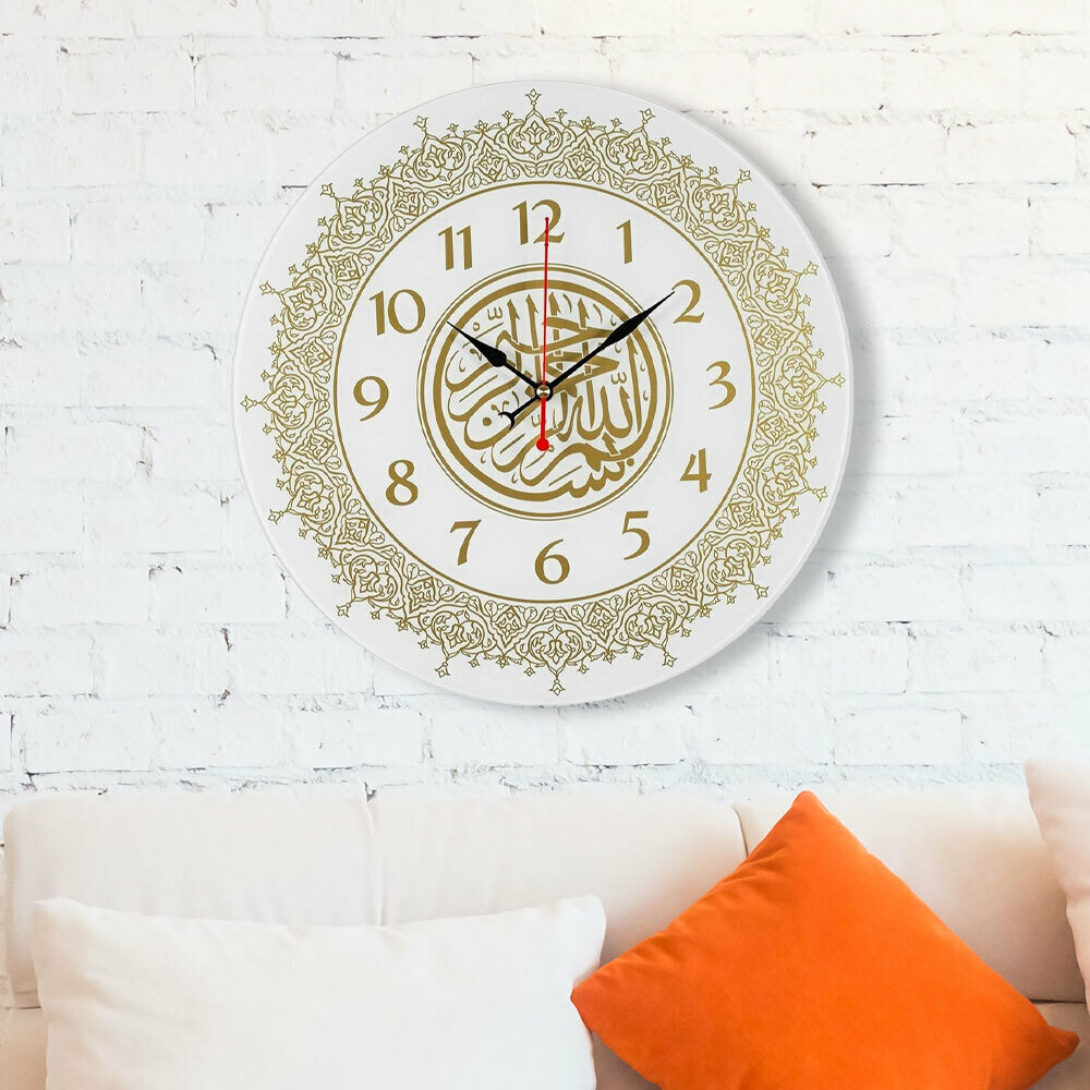 Настенные стеклянные часы «Мусульманские» 39см, арабский дизайн, белый фон