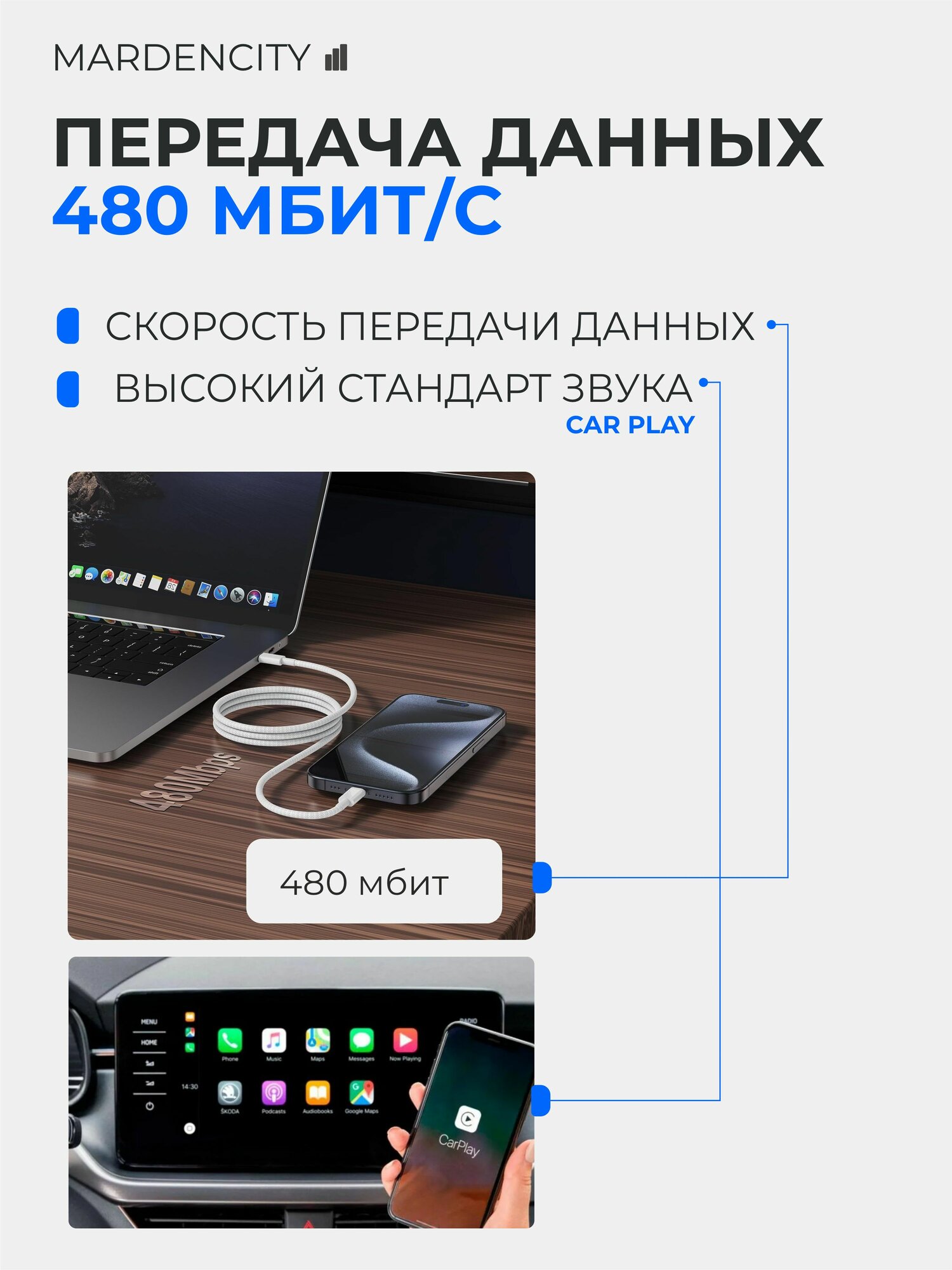 Кабель usb lightning 1 метр в тканевой оплетке / провод для айфона / для carplay — фото 1