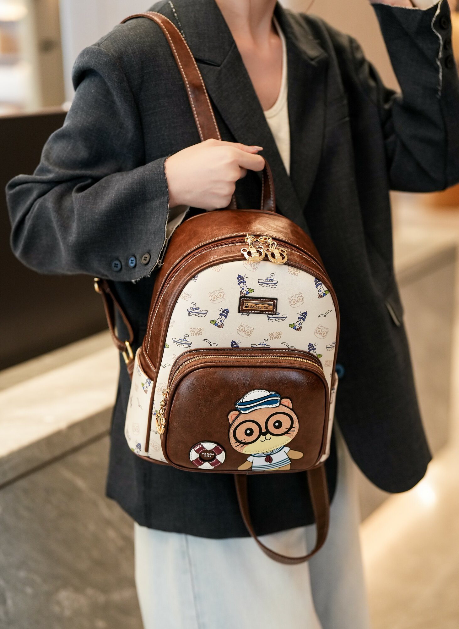 Рюкзак женский Beibaobao классический экокожа с контрастной строчкой, коричневый молочный