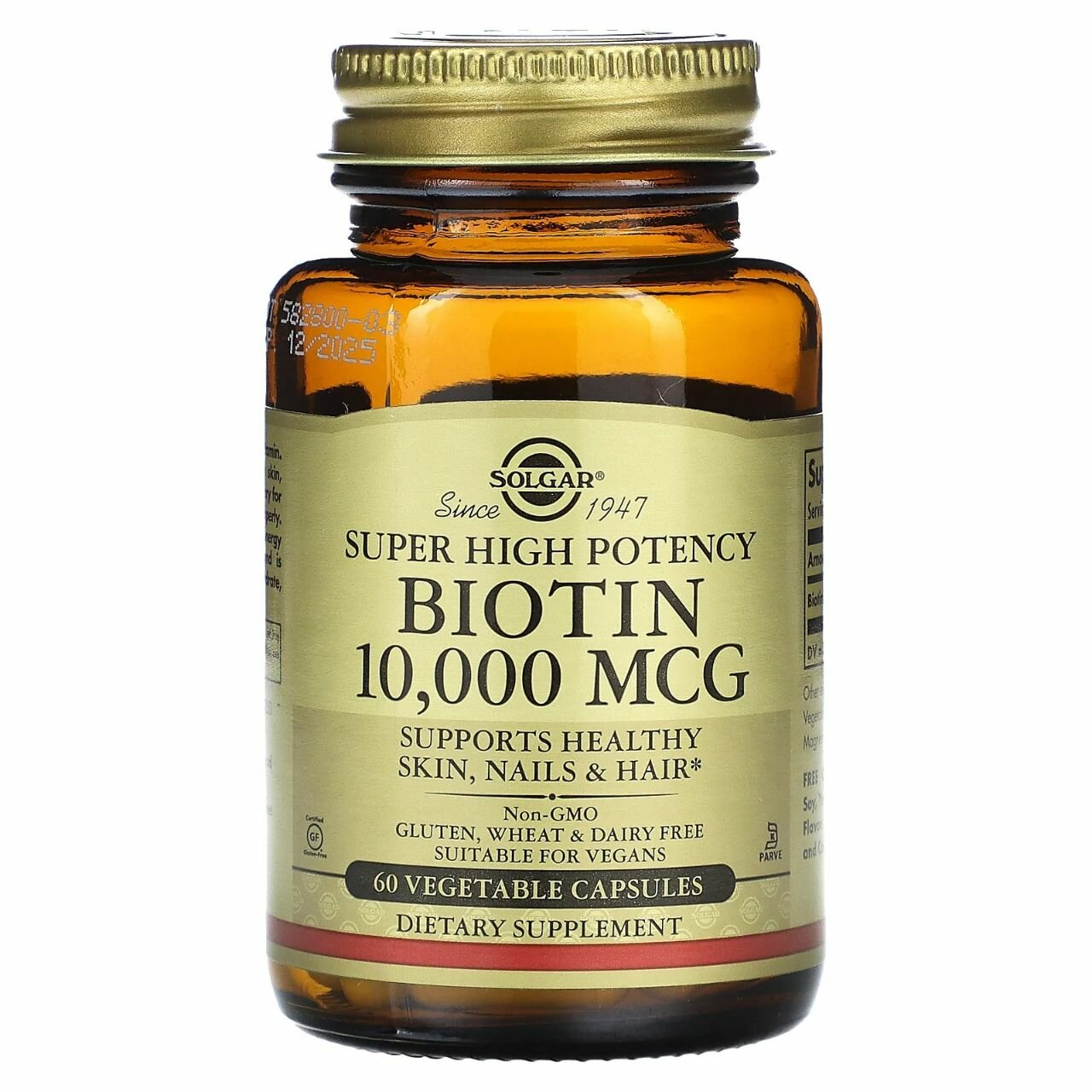 Биотин Solgar, 10000 mcg, для кожи, волос, ногтей, веганский, без ГМО, 60 капсул