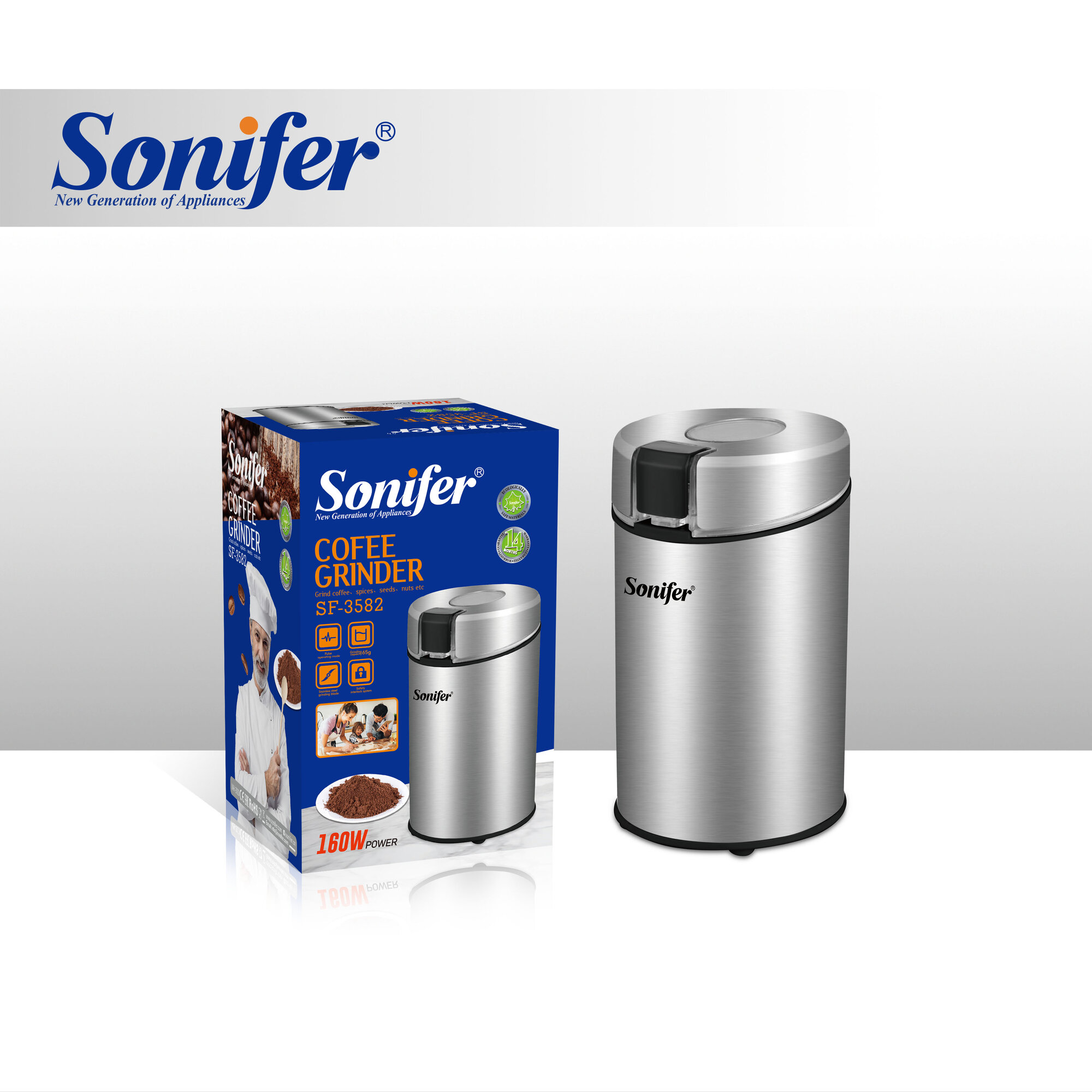 Кофемолка Sonifer SF-3582, 160Вт, ротационный нож, серебристо-черная
