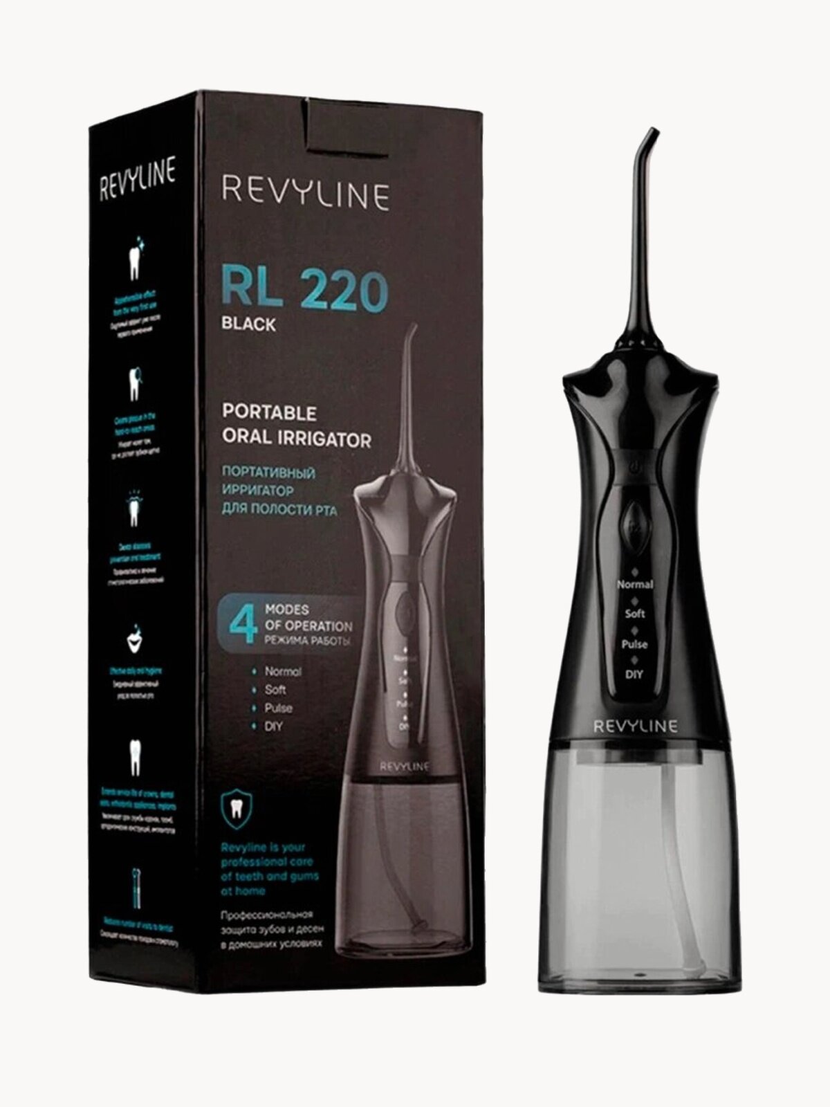 Ирригатор для зубов и десен Revyline RL 220 портативный черный, 2 насадки, для полости рта, для имплантов, для брекетов