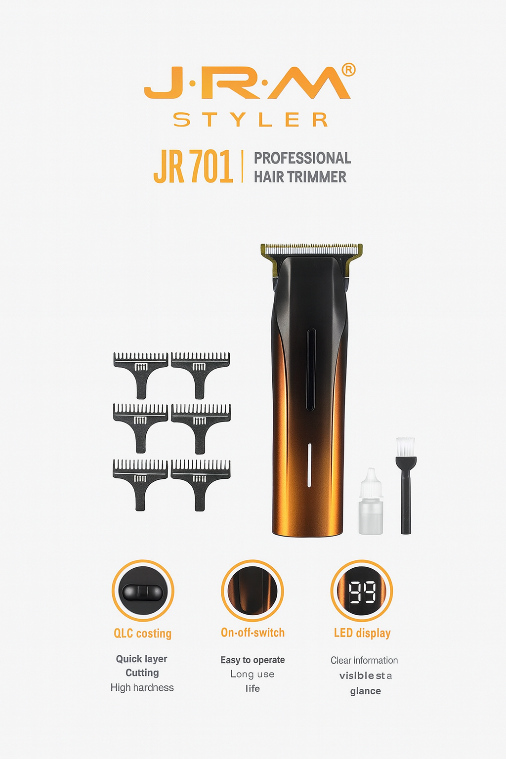 Триммер для волос J.R.M Styler JR-701, керамический, 7000 оборотов, 6 насадок