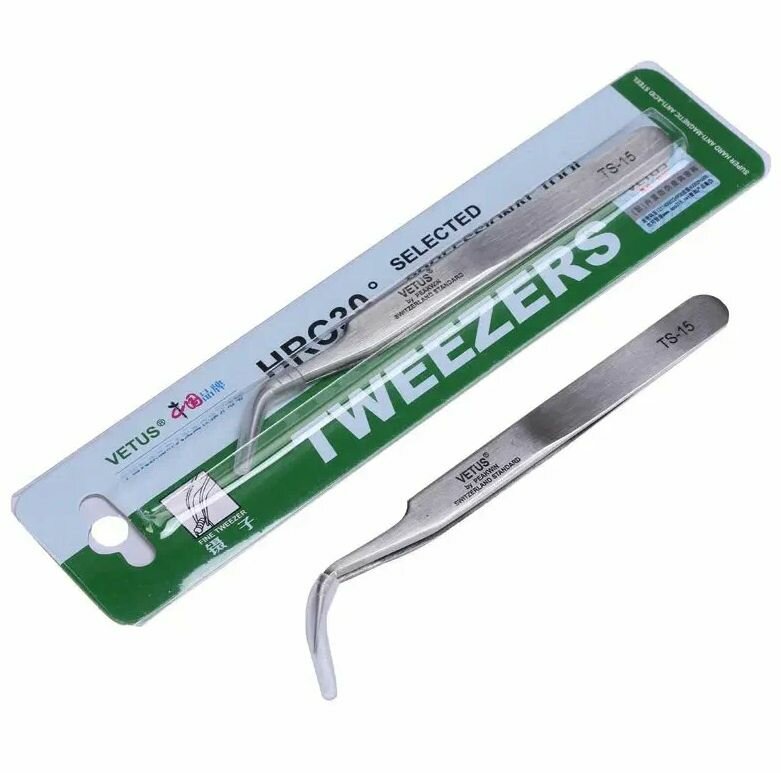 Изогнутый антистатический пинцет из легированной стали Vetus TS-15 / пинцет для наращивания ресниц