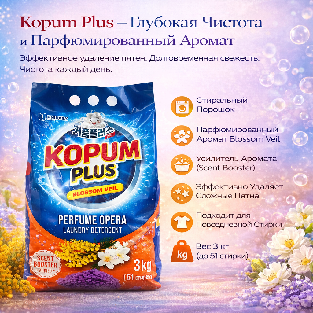 KOPUM PLUS Blossom Veil стиральный порошок — 3 кг (51 стирка), с ароматом цветов, с добавкой Scent Booster