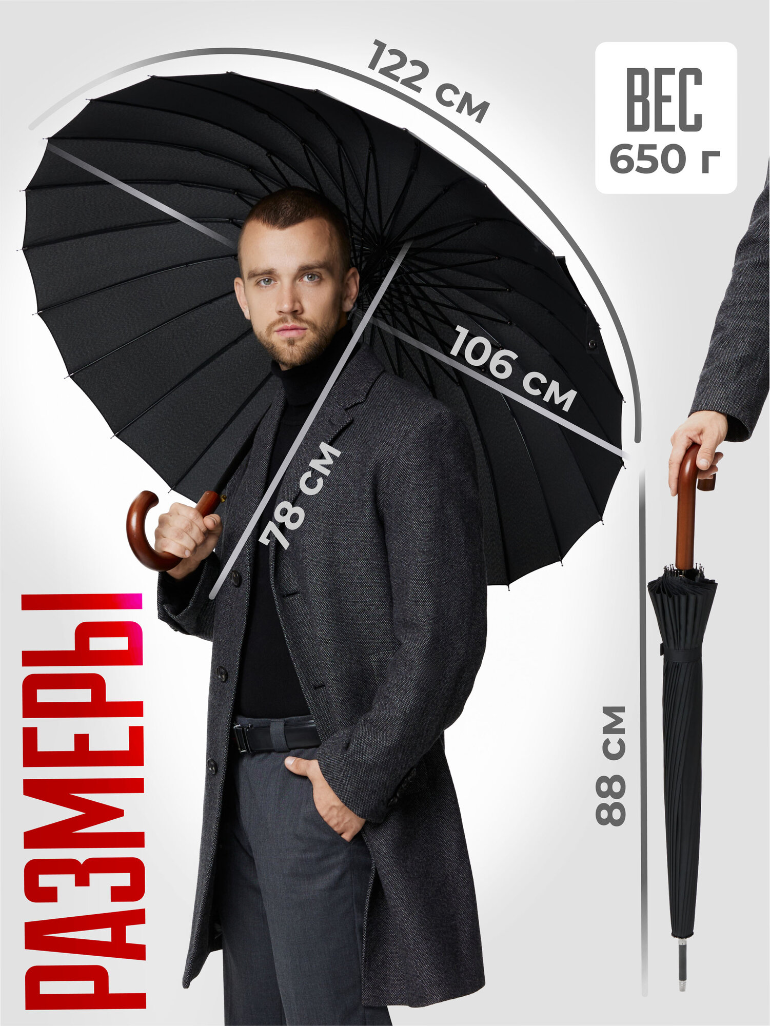 Зонт-трость RAINDROPS, черный — фото 1