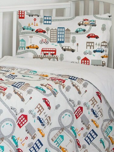 Изображение товара Постельное белье детское в кроватку для новорожденного бязь хлопок 100%. Простыня на резинке 60х120 см "Машинки"