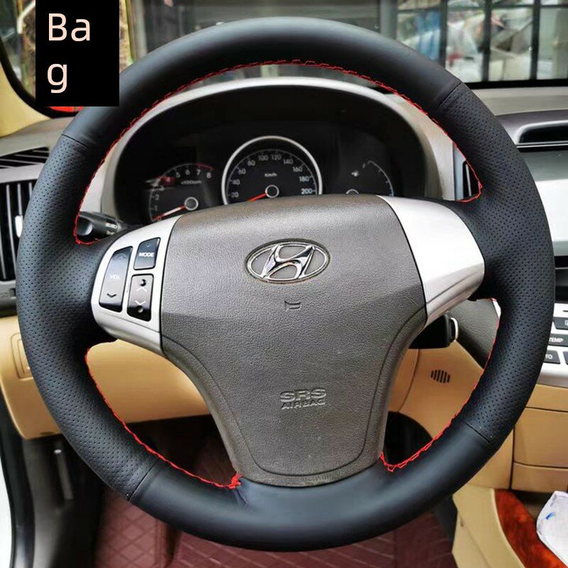 Чехол для руля Hyundai Elantra 2008-2016, черная синтетическая кожа с красной строчкой и вентилируемым рисунком
