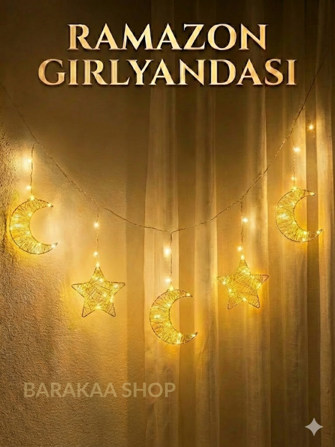 Гирлянда штора на Рамадан "Луна и Звезды", теплый золотой свет, 3 м
