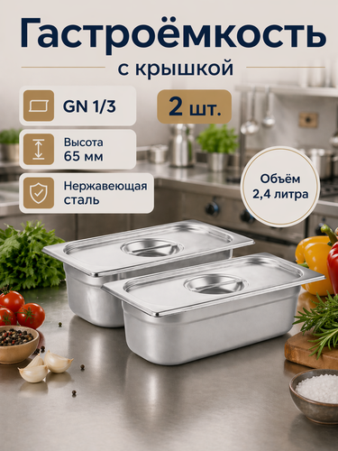 Изображение товара Гастроемкость GN 1/3 65 мм с крышкой, набор 2 шт, нержавеющая сталь