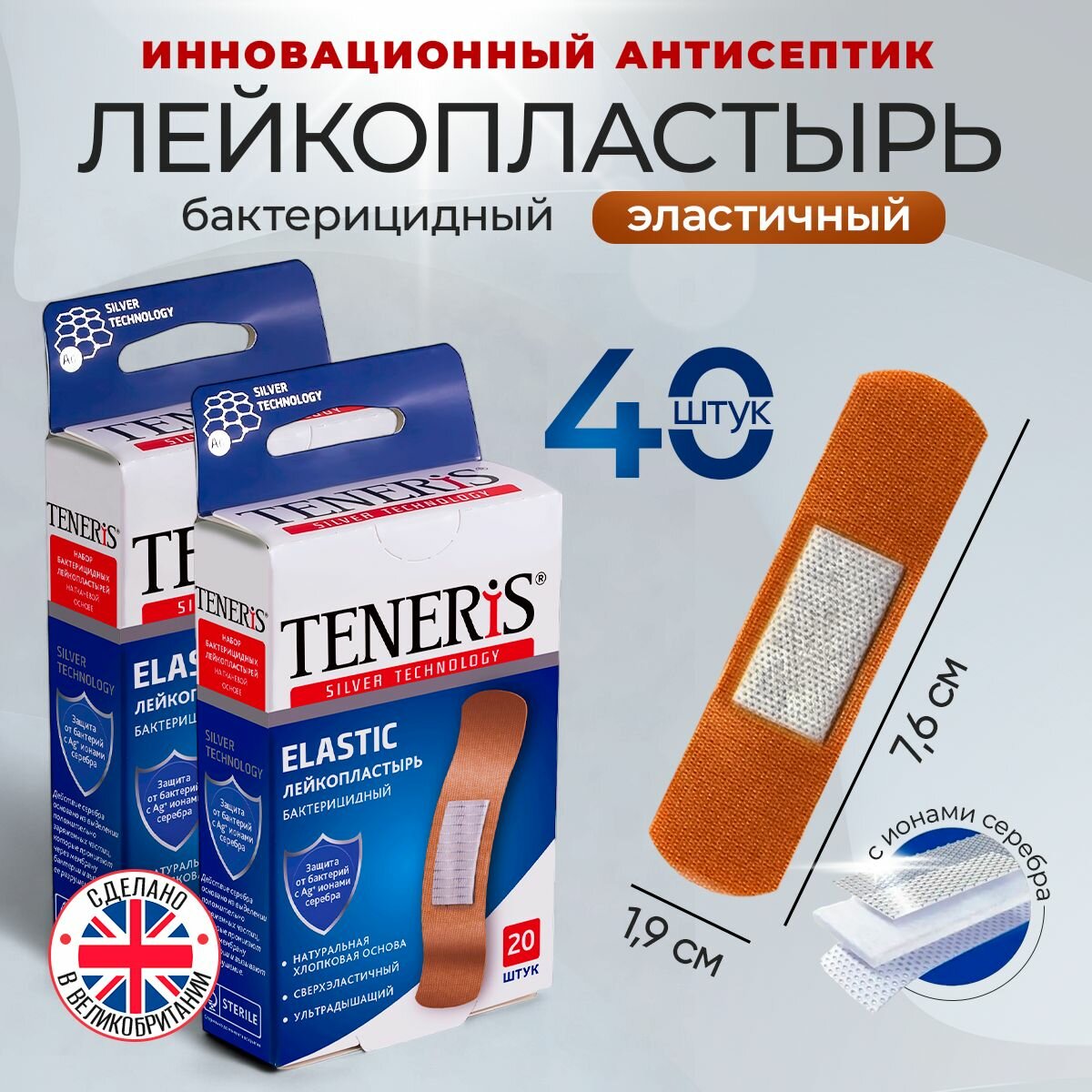 Пластырь бактерицидный TENERIS ELASTIC 76х19 см 40 шт лейкопластырь на тканевой основе