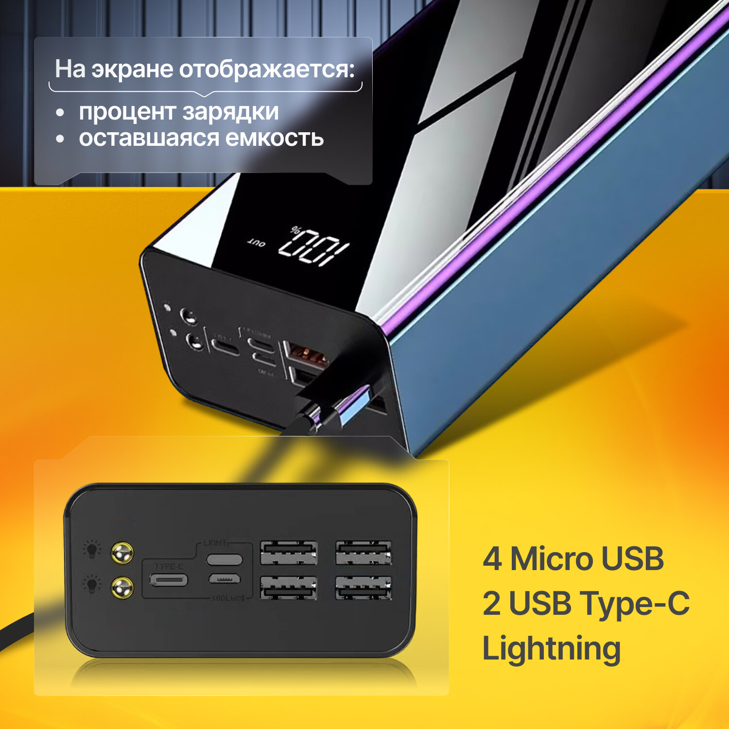 Внешний аккумулятор Power Bank Smart с дисплеем 50000mAh (USB, Micro USB, Lighting, Type C) — фото 1