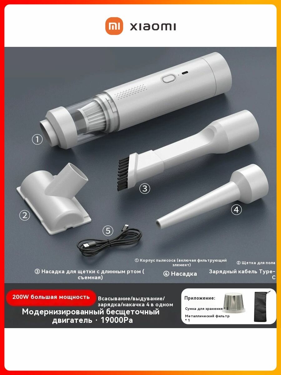 Пылесос Xiaomi, беспроводной, автомобильный, 200Вт, 19000Па, сухой, контейнер