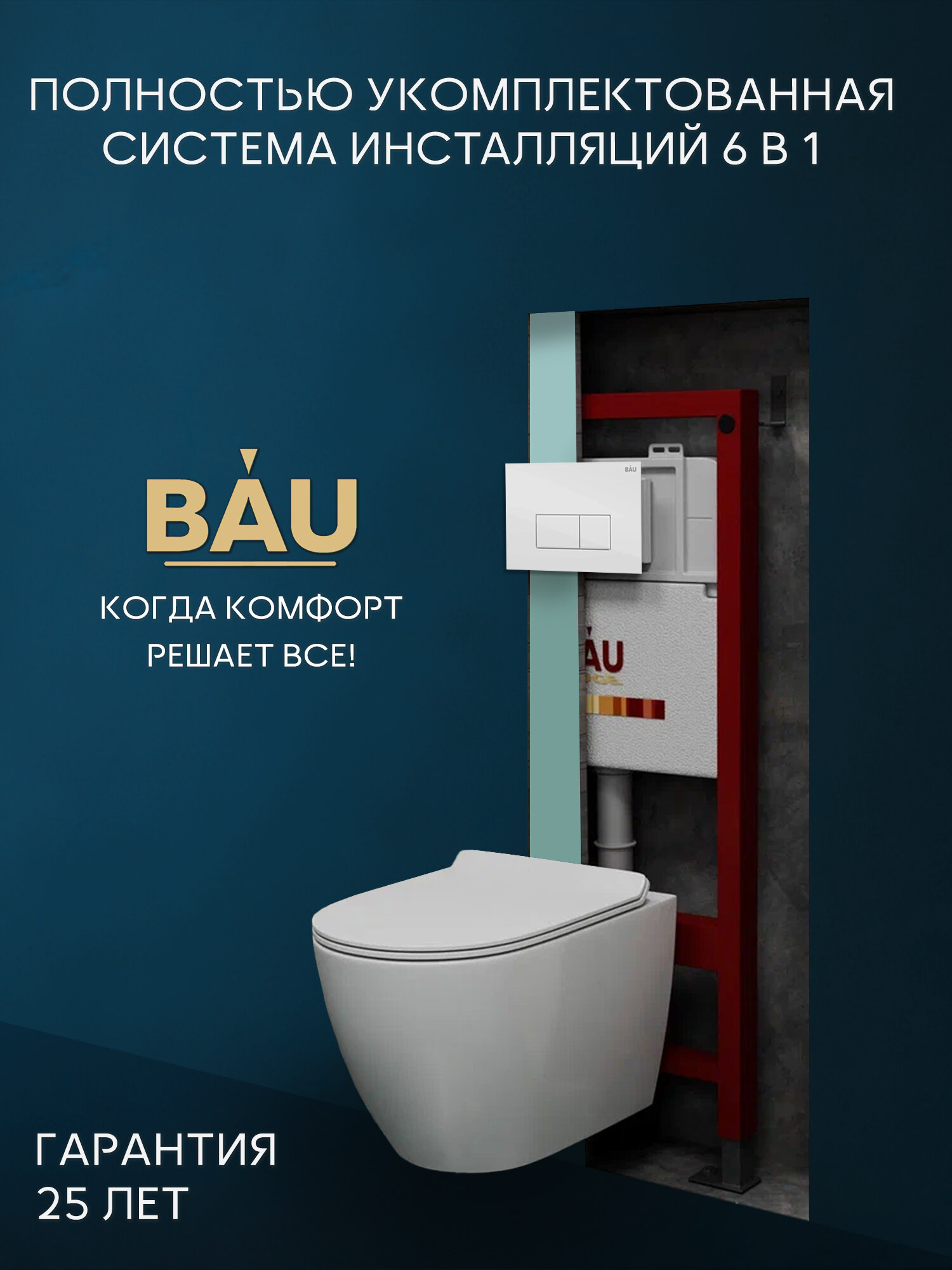 Комплект BAU 6 в 1: инсталляция BAU PRO унитаз подвесной безободковый торнадо Bau 50х36 Hurricane сиденье дюропласт микролифт клавиша BAU Hotel белый глянец