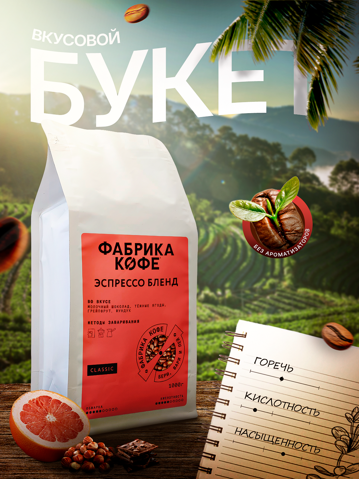 Обжарка ПО факту заказа, Кофе в зернах Фабрика Кофе Смесь Бразилия/Эфиопия Арабика 100%, 1кг — фото 1