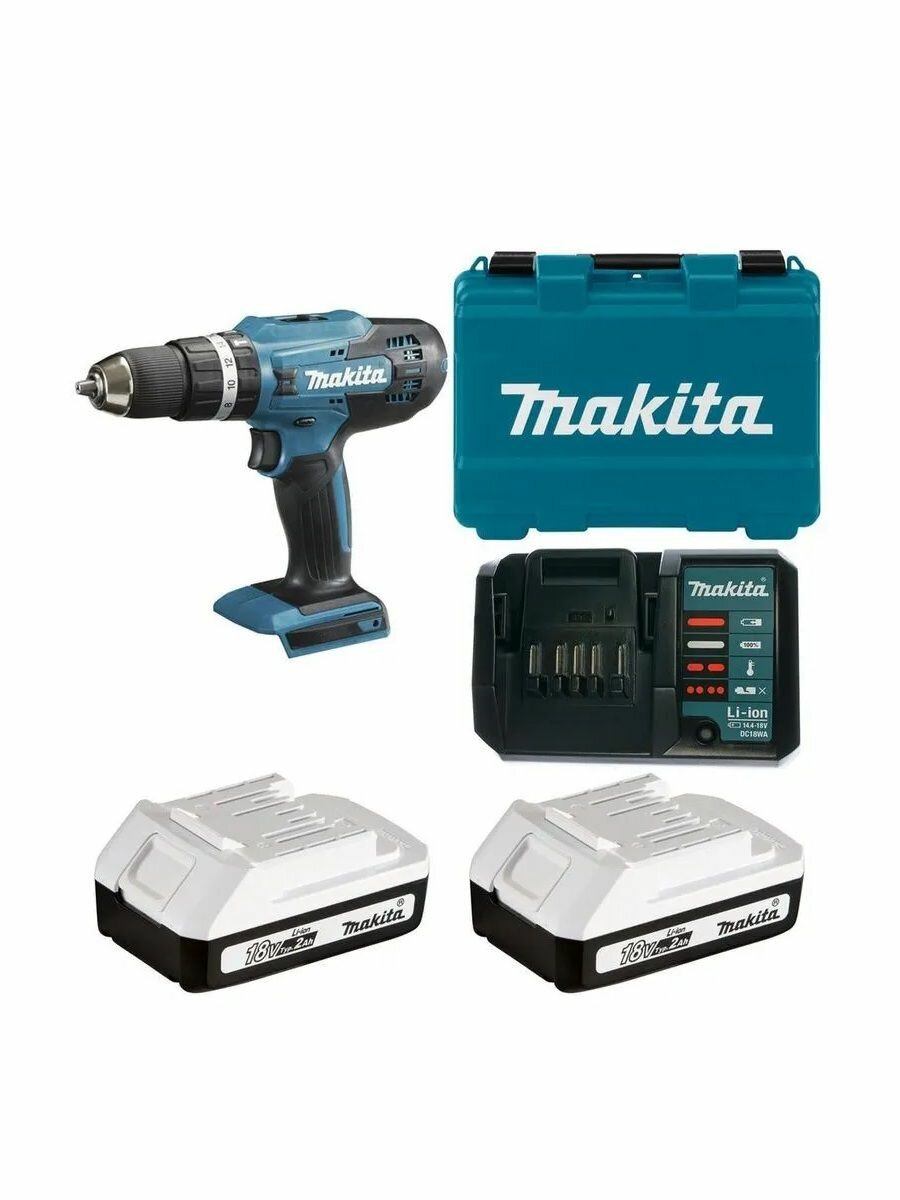 Дрель-шуруповерт аккумуляторная ДША Makita DF488D004, быстрозажимной патрон, 42 Нм, реверс, 2 аккумулятора с з/у в комплекте