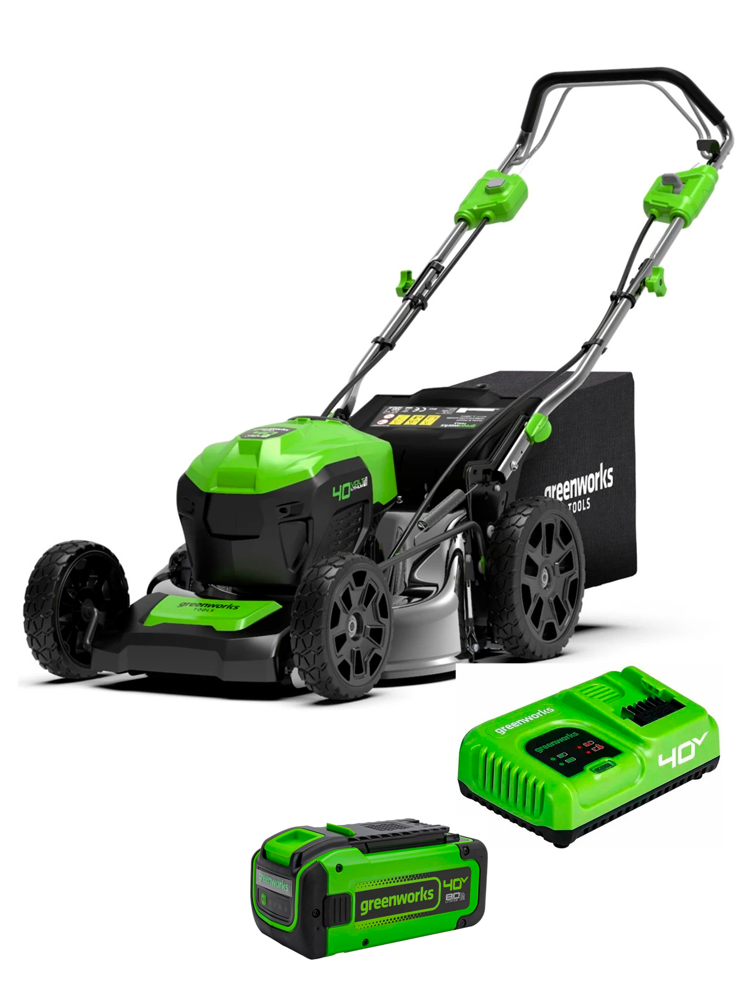Газонокосилка аккумуляторная Greenworks GD40LM46SP 40V, бесщеточная, самоходная, ширина скашивания 46 см, комплект АКБ 8 Ач + быстрое ЗУ