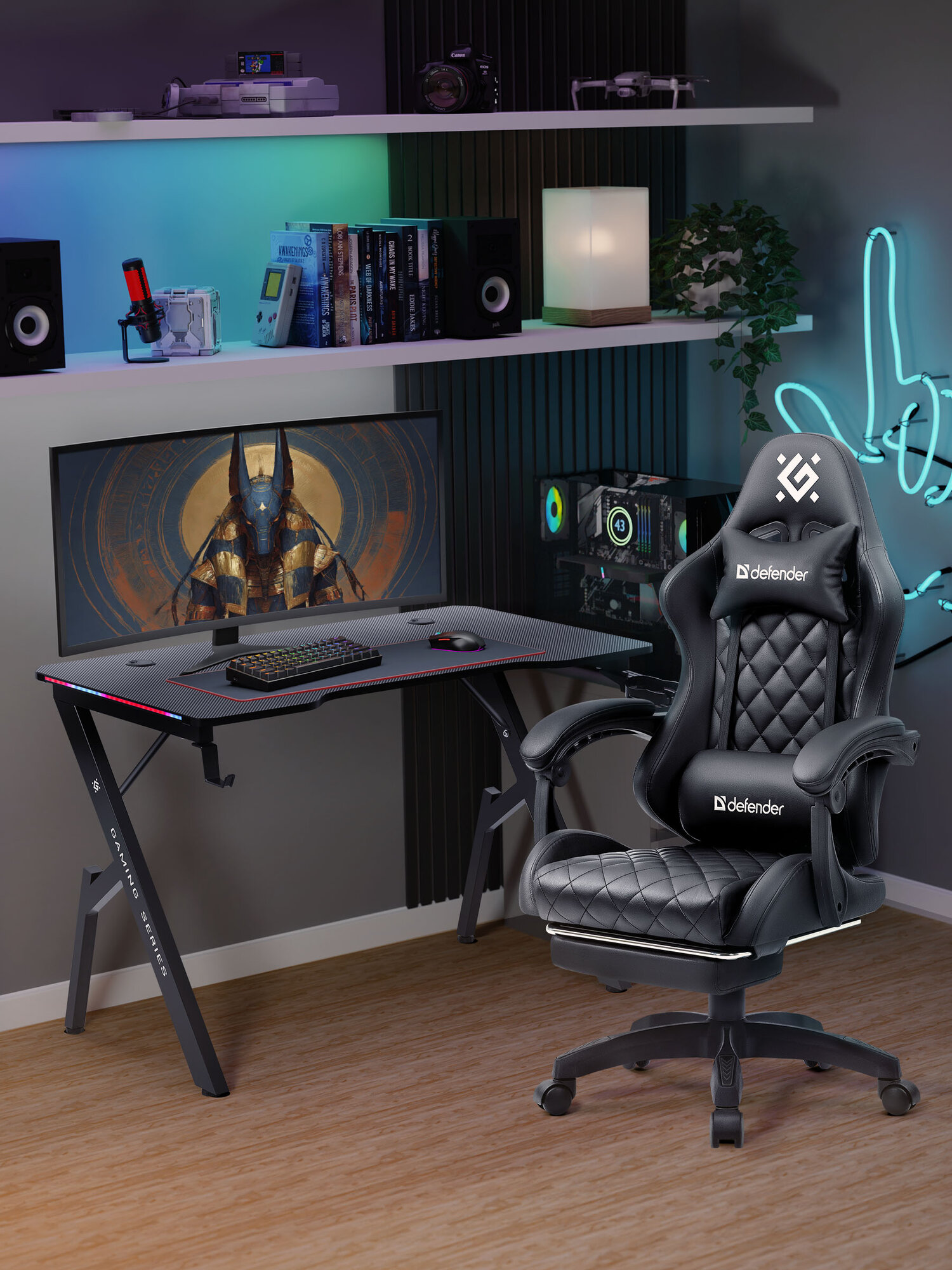 Игровое кресло Defender Anubis Comfort, полиуретан, экокожа, обивка, подлокотники, поясничный упор, подставка под ноги — фото 1