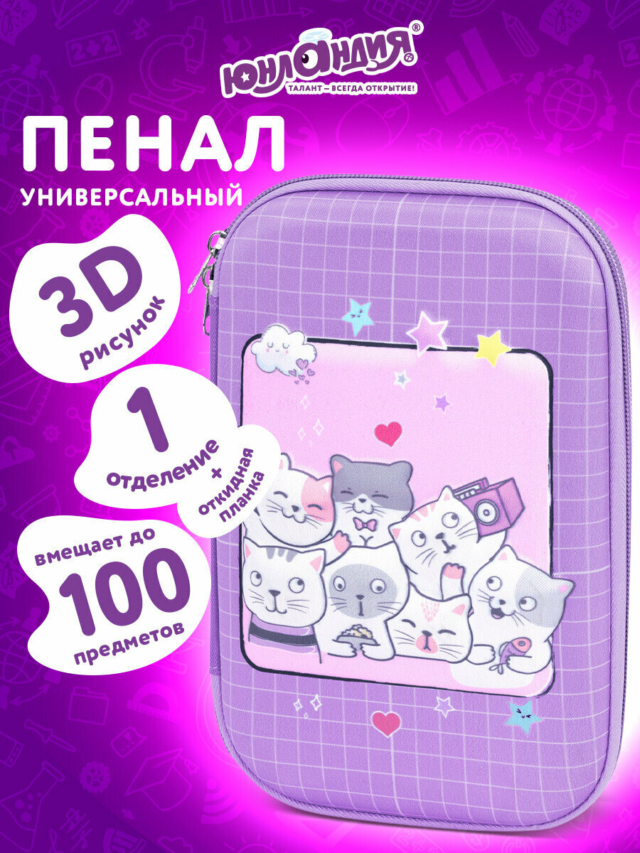 Пенал школьный для девочек для карандашей и ручек с 1 отделом, планкой и карманом, канцелярия для школы, полиэстер/EVA, 22х15х5 см, Юнландия, 273193