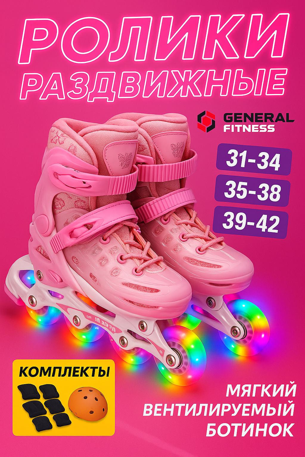 Роликовые коньки General Fitness, с тормозом, раздвижные, 4 колеса