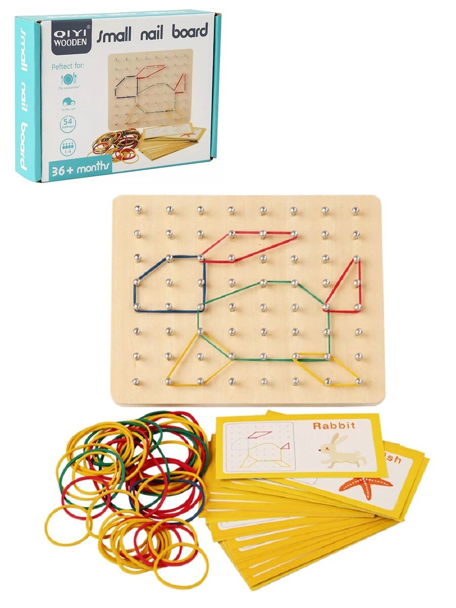 Развивающая деревянная игрушка Геоборд с резинками деревянный 17,5 х 14 см, карточки с заданиями, разноцветные резиночки