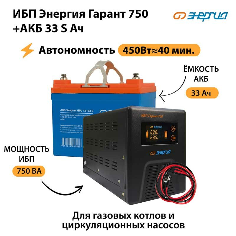 ИБП Энергия Гарант 750 + Аккумулятор S 33 Ач - 12В (450Вт - 40мин)