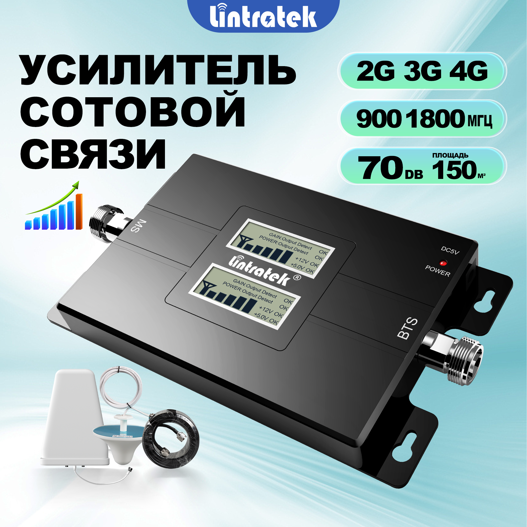 Репитер сотовой связи Lintratek 900/1800 МГц Для смартфонов - 2-полосная антенна усиления 3G-4G