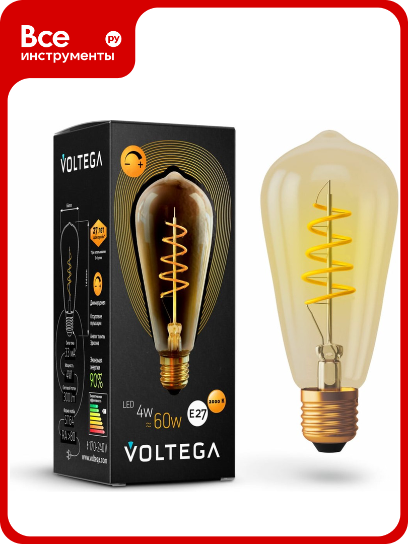 Светодиодная лампа VOLTEGA Колба ST64 диммируемая GOLD E27 4W 2000K 7077