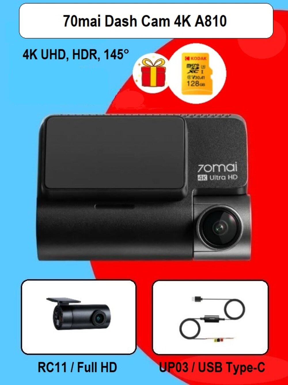 Видеорегистратор 70mai A810 + Камера заднего вида + Парк. модуль + MicroSD Kodak 128Гб, 4К, HDR, 150°, Гарантия 6 мес