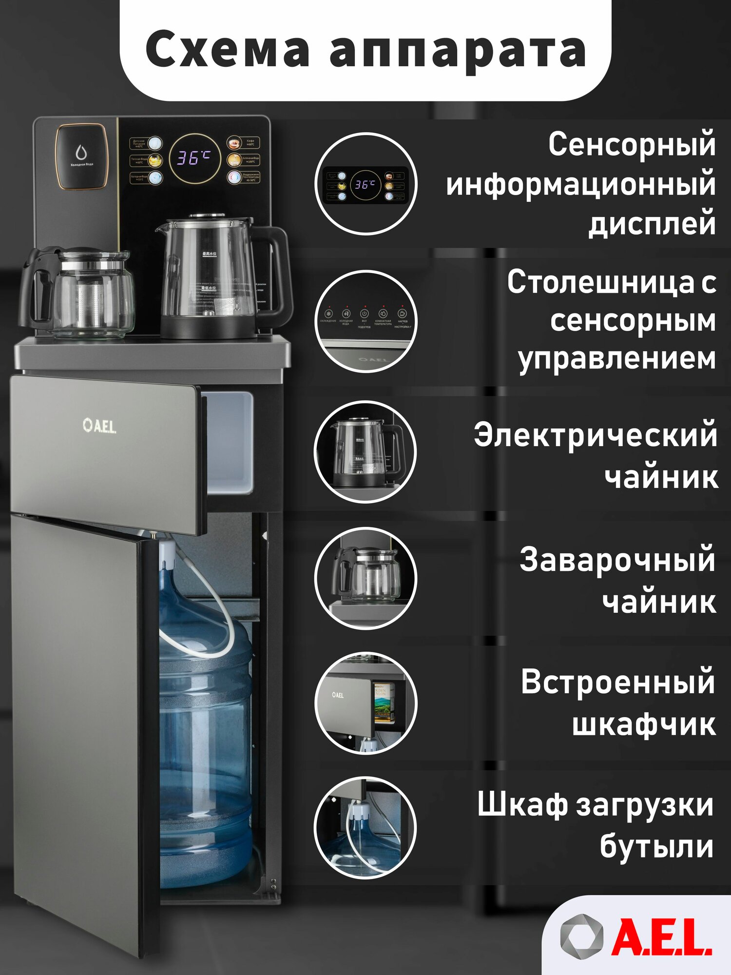 Кулер с чайным столиком Тиабар AEL LD TB83a grey, с электронным охлаждением, чайниками и встроенным шкафчиком — фото 1
