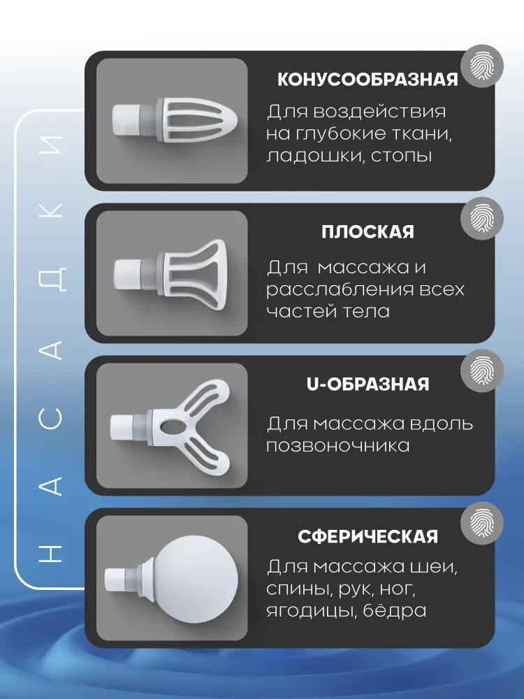 Изображение Перкуссионный массажер для тела, массажный пистолет, беспроводной, 4 насадки, глубокий массаж мышц, цвет белый