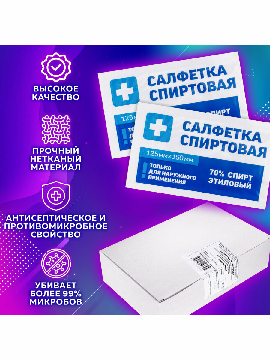 Картинки Салфетки влажные спиртовые дезинфицирующие антисептические медицинские для инъекций и уколов 125х150 мм Комплект 250 шт, Грани, короб 630865