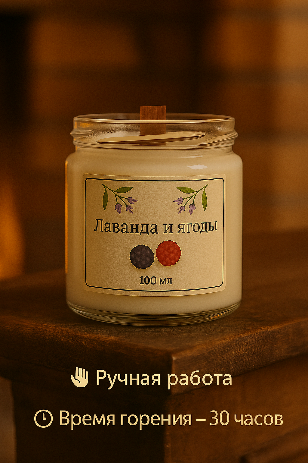 Ароматическая свеча «Лаванда и ягоды» — натуральный соевый воск деревянный фитиль уют для дома