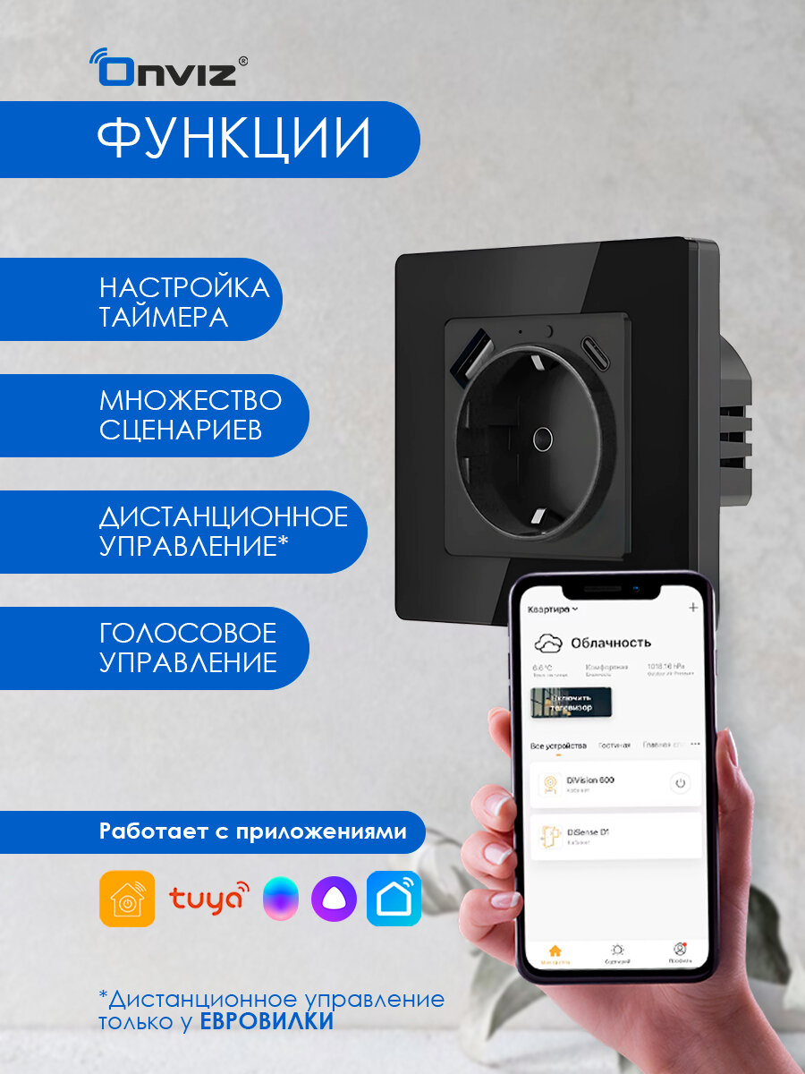 Умная розетка черная WiFi Tuya с USB и Type-C, работает с Алисой, с таймером и отслеживанием энергопотребления — фото 1
