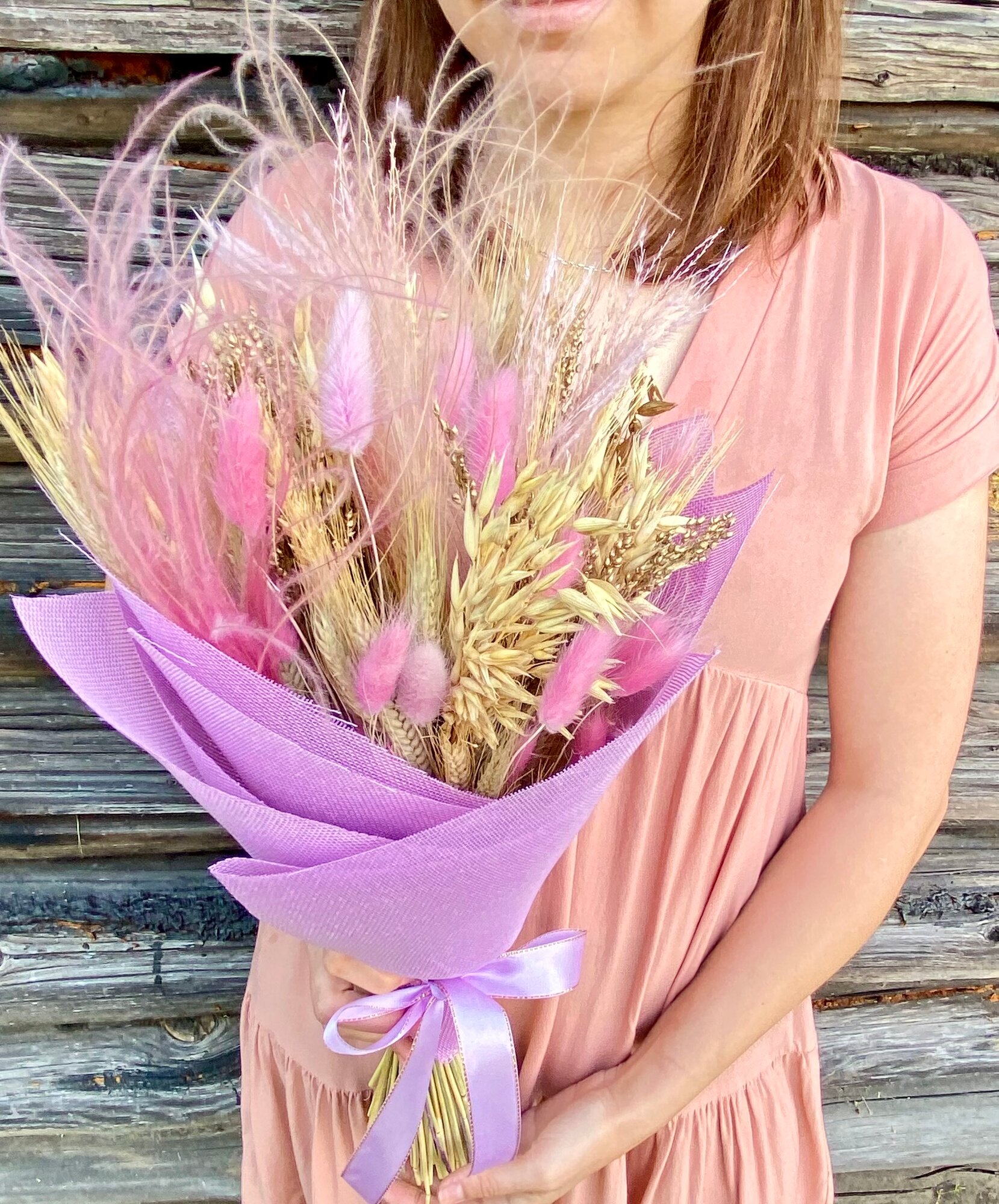 Готовый букет Цветок в Руке «Сиреневые Цветы» сухоцветы 45 см декоративные злаки