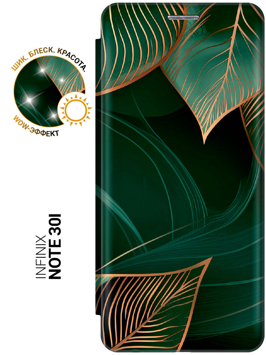 Чехол-книжка на Infinix Note 30i с принтом "Малахитовые листья" черный