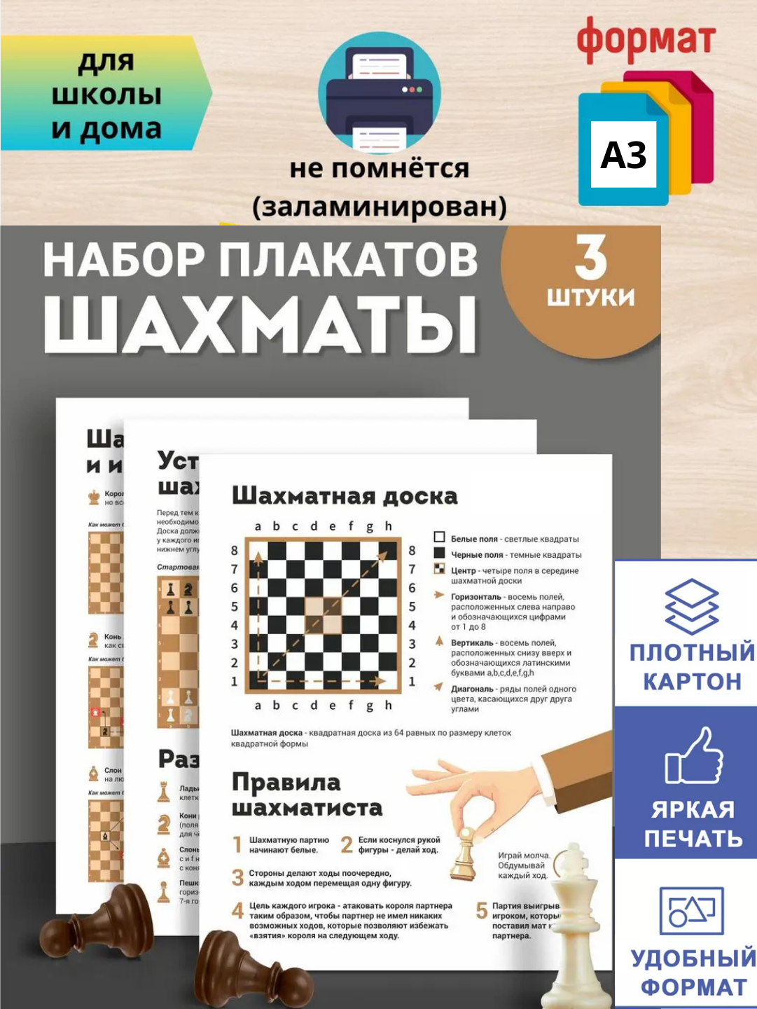 Набор обучающих плакатов «Шахматы» состоит из 3 плакатов. формат А3, ламинированное, для школьников