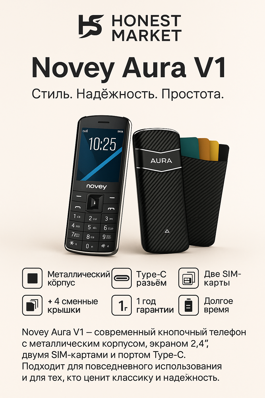 Novey V1 Aura — кнопочный телефон, 2,4″ IPS, USB Type-C, двойной SIM